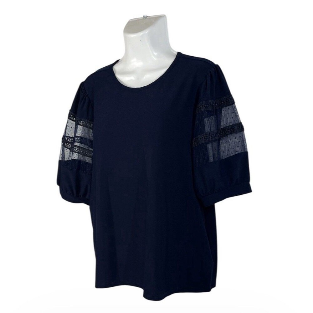 Love Scarlett Blouse Women XL Navy Blue Lace Mesh Puff Sleeve Stretch Shirt Work